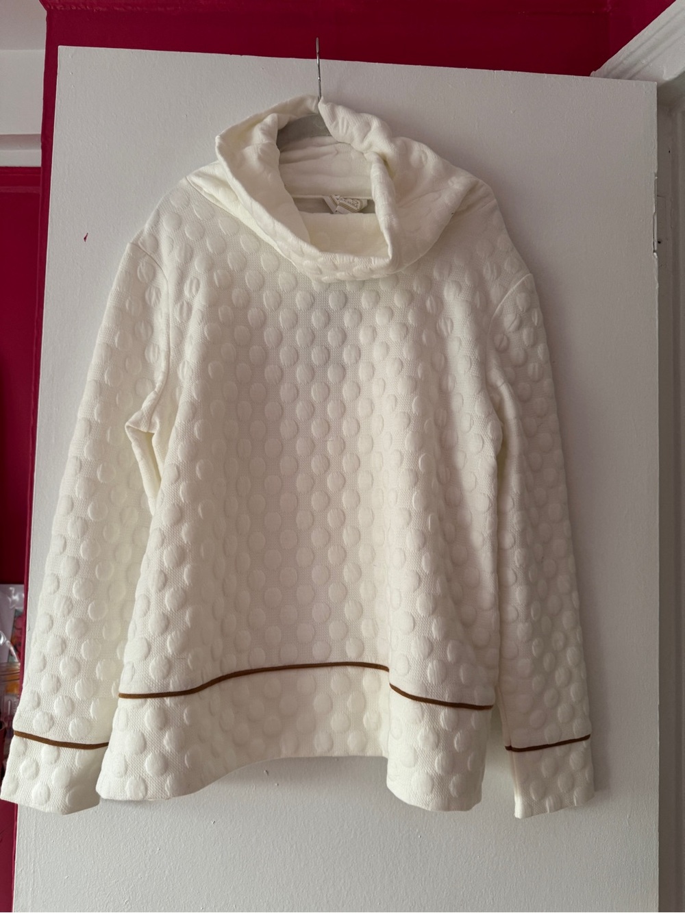 Sail to Sable Cream Textured Cowl Neck Sweater with Brown Trim